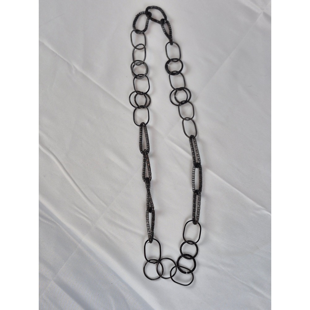 Gunmetal Black Mixed Link Long Chain Necklace Mesh Oval Circle Statement 30" y2k